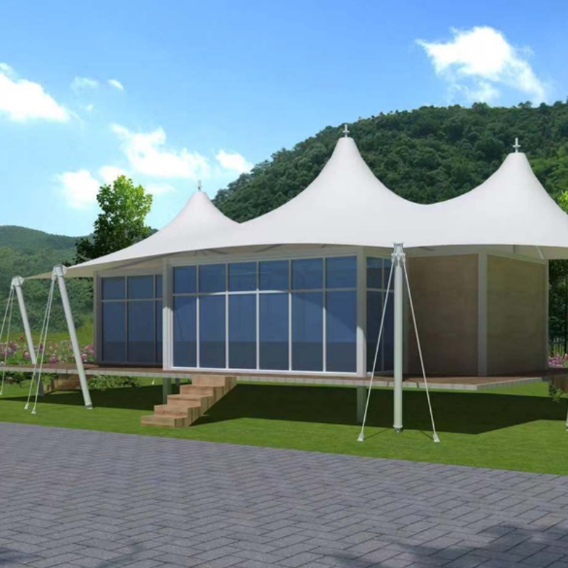 Prefab House Three Peaks Shape 2-спалня PVDF Waterproof Fabric Resort Hotel Tent