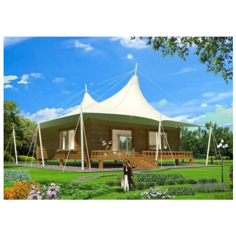 Горещи продажби Сглобяеми къщи PVDF \/ PTFE Материал Материал Лагер Палатка Стъклена стена хотел Глампинг палатки за Джунгла Курорт